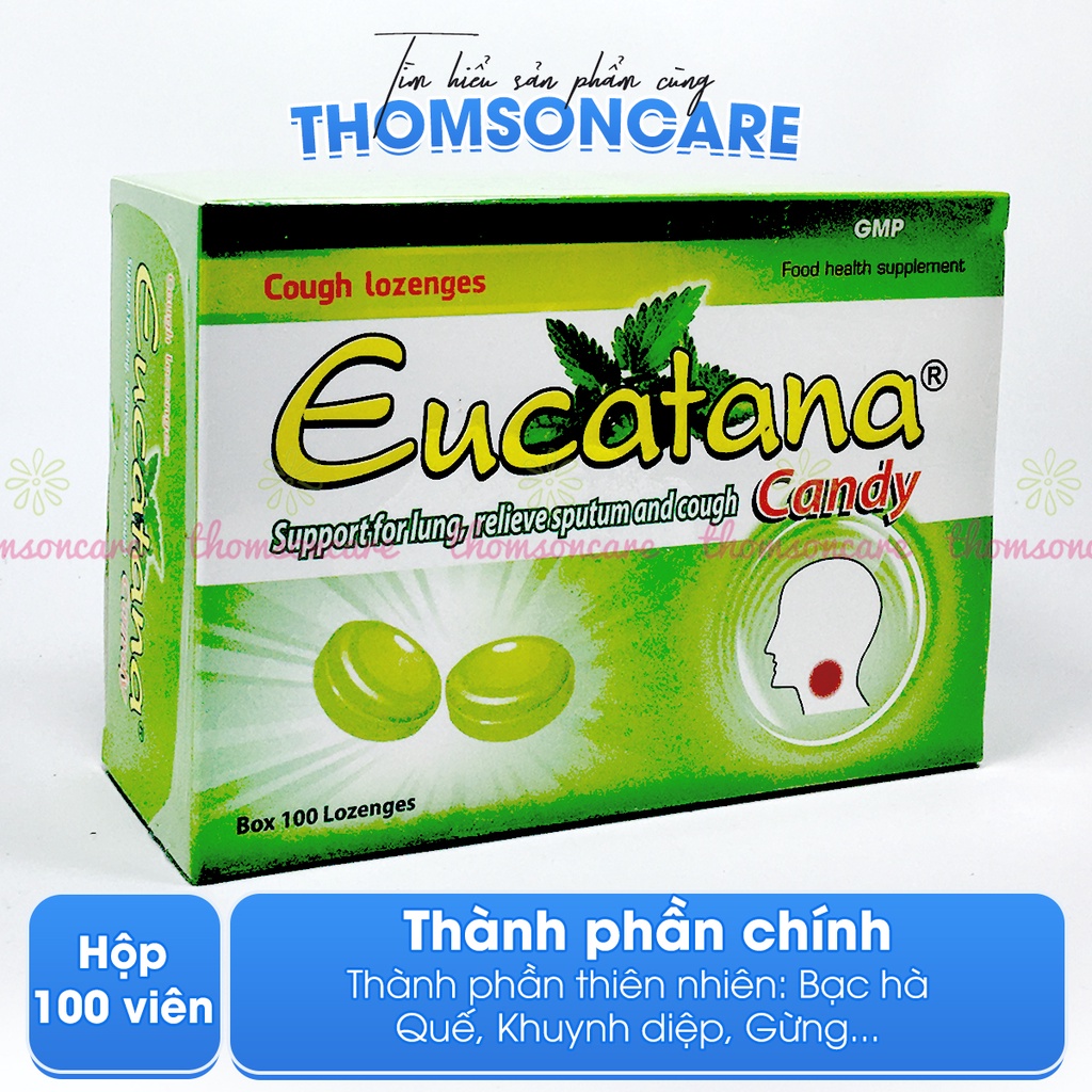 Viên ngậm ho thảo dược Eucatana hộp 100 viên, hỗ trợ giảm đau rát họng, kết hợp xịt họng xuyên tâm liên Euca tana
