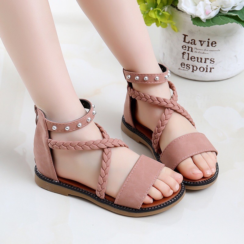 Dép quai hậu bé gái khóa kéo quai chéo dễ thương từ 3-18 tuổi màu Đen - Hồng phấn Dép trẻ em size 27-37