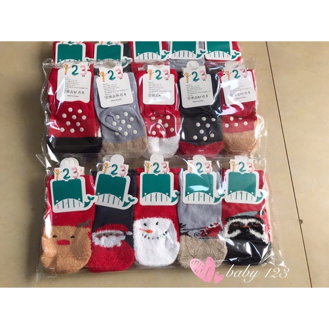 Tất Chống Trơn Chất Cotton Nỉ Bông Dày Hoạ Tiết Noel Cho Bé Trai Bé Gái