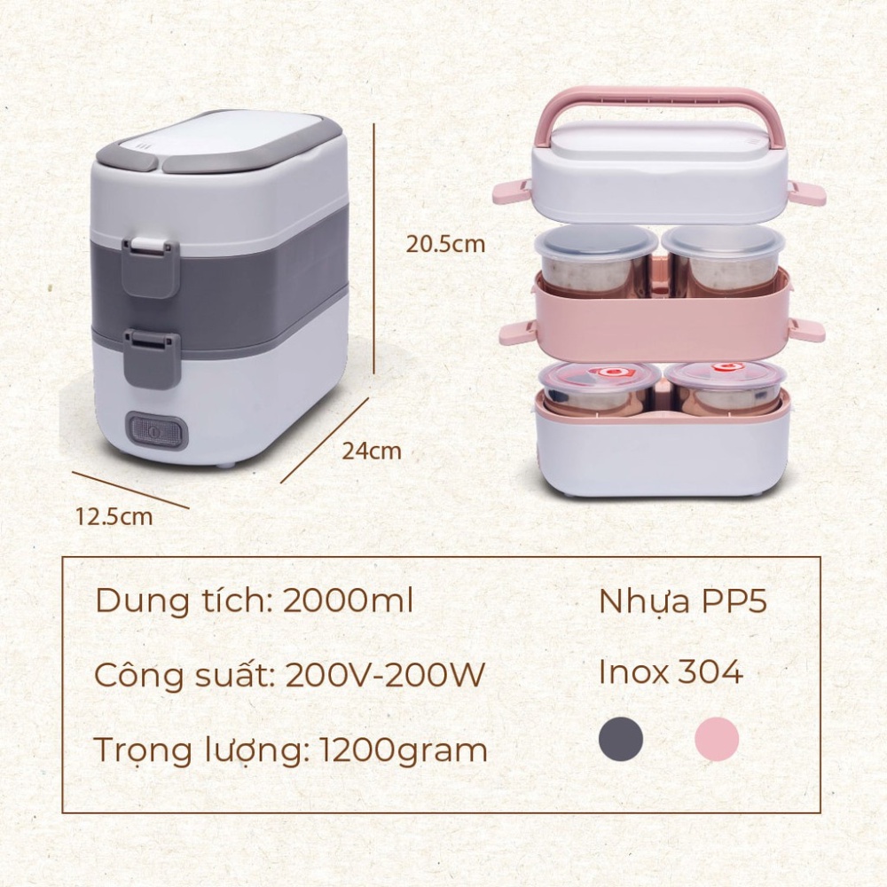 Hộp cơm cắm điện, hộp cơm văn phòng giữ nhiệt 2 tầng 4 bát inox cống suất 200w nấu chín hâm nóng đồ ăn bảo hành 12 tháng