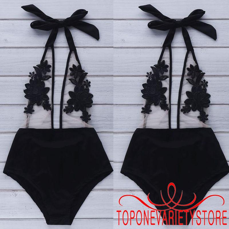 Bộ bikini 1 mảnh cột cổ phối vải lưới xinh xắn dễ thương cho nữ | BigBuy360 - bigbuy360.vn
