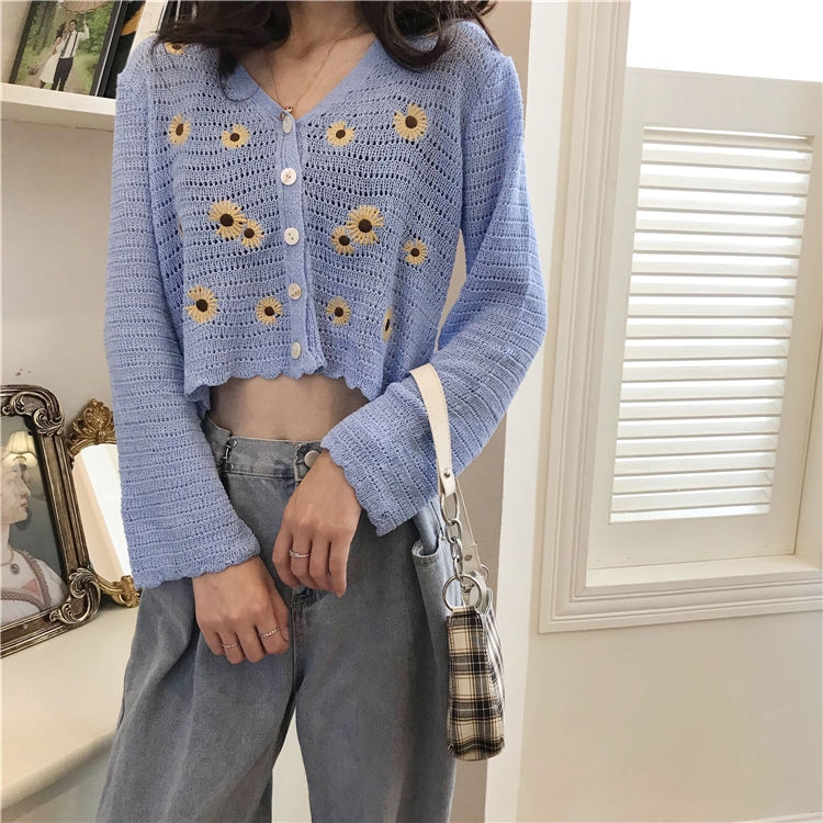 Áo Khoác Cardigan Dệt Kim Mỏng Tay Dài Dáng Ngắn Thêu Họa Tiết Thời Trang Cho Nữ