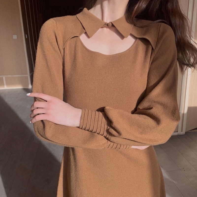 Váy Len Dài Tay Ngực Khoét Cổ Đức Chun Eo co Giãn Thoái Mái | BigBuy360 - bigbuy360.vn