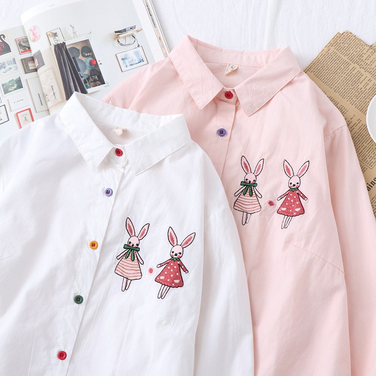 Áo SOMI Trắng  kate Thêu thỏ cute DÀI TAY nữ maicuteshop