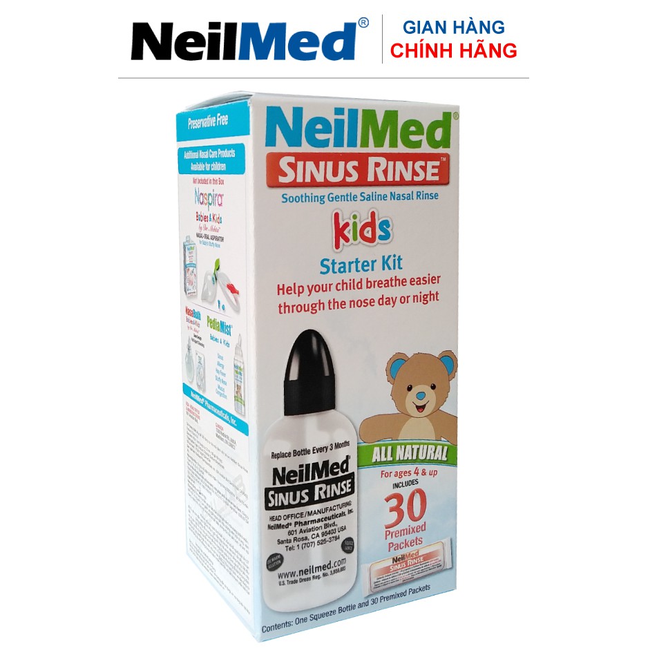 Bình(Bộ Dụng Cụ) Xịt Rửa Mũi Xoang Bé NeilMmed Sinus Rinse Paediatric Kit (1 bình + 30 gói hỗn hợp muối rửa)