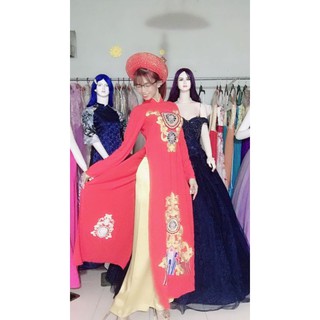 Full bộ Áo dài thêu size sm eo<72 kèm mấn