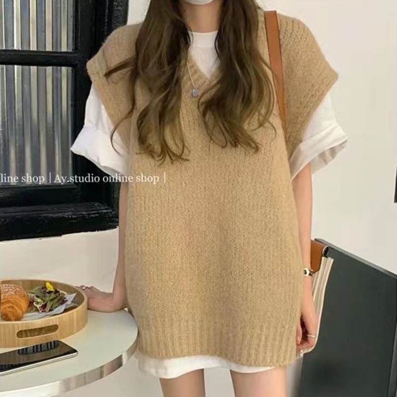 Áo Sweater Dệt Kim Không Tay Cổ Chữ v Phong Cách Hàn Quốc Dành Cho Nữ