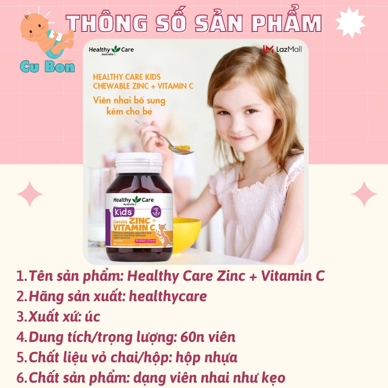 Viên nhai bố sung kẽm cho bé Healthy Care Zinc + Vitamin C của úc 60 viên cho trẻ từ 2 tuổi tăng đề kháng hiệu quả