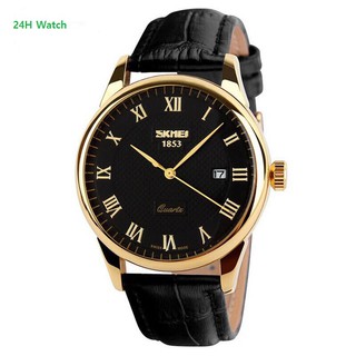 Đồng Hồ Nam SKMEI 9058 Dây Da - Đen Viền Vàng