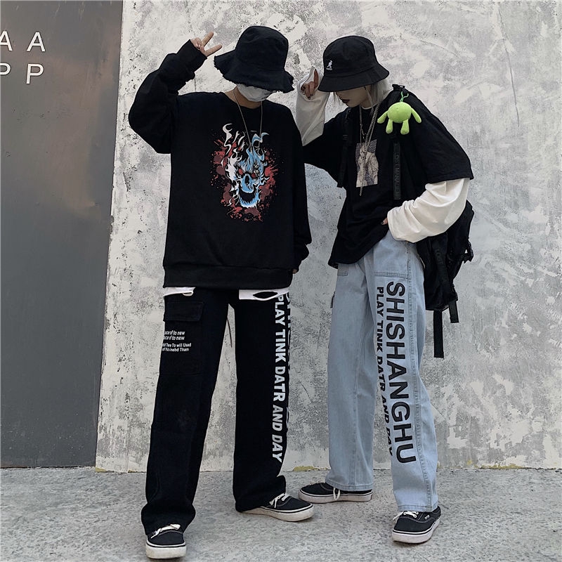 Quần denim ống suông rộng in họa tiết chữ phong cách retro cá tính | BigBuy360 - bigbuy360.vn