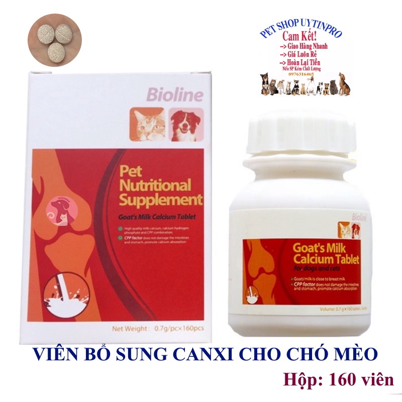 Viên bổ sung canxi cho Chó Mèo Pet Thú Cưng Bioline Hộp 160 viên Vị sữa Giúp xương vững chắc, Duy trì thể chất khỏe mạnh