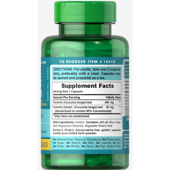 Viên uống hỗ trợ dạ dày tinh chất nghệ Turmeric Curcumin 500mg 90 viên Puritan Pride.
