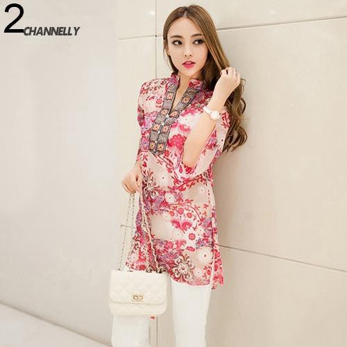 Áo chiffon nữ tay ngắn họa tiết thổ cẩm thời trang