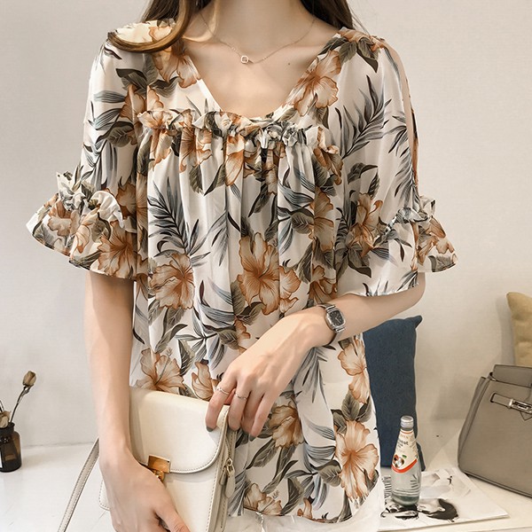 Áo kiểu SUXI chiffon thiết kế hở vai họa tiết hoa quyến rũ thời trang cho nữ