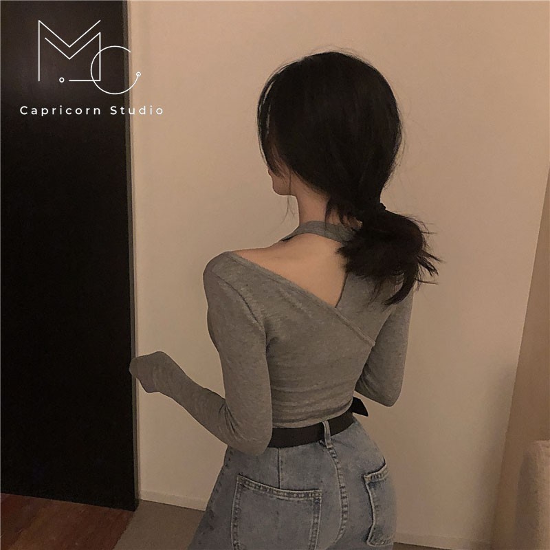 Áo thun dài tay thiết kế khoét vai sexy quyến rũ phong cách Ulzzang 2021
