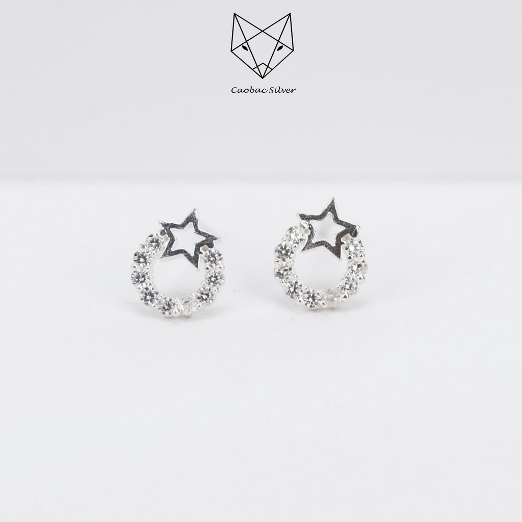 Khuyên Tai Bạc CaoBac Silver Cho Nữ Đính Đá Đơn Giản Basic Thiết Kế Tròn Rỗng Sao Đá