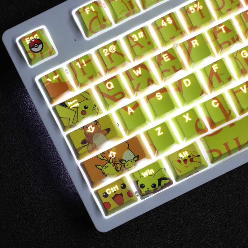 Keycap Pokemon chủ đề Pokémon Pikachu keycap hoạt hình PBT Dye bàn phím cơ thăng hoa Bàn phím cơ truyền ánh sáng Keycap 104 phím