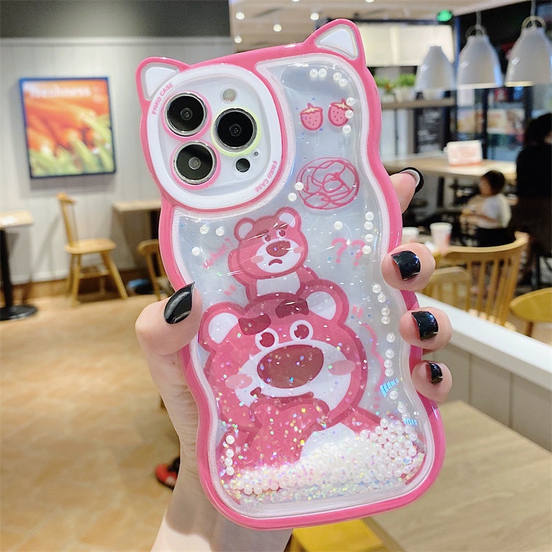 Ốp Điện Thoại Mềm Kim Tuyến Nước In Hình Gấu Hoạt Hình Có Dây Đeo Cho IPhone13 11 12Promax XS XR 7 / 8p