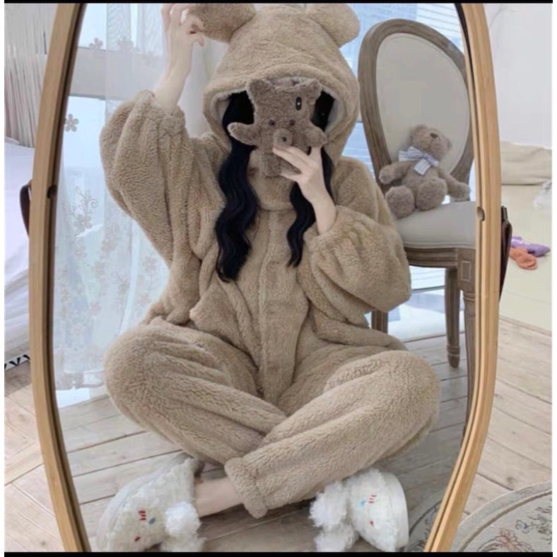 Bộ đồ ngủ tai gấu mùa đông màu nâu be Hàn Quốc Chất lông dày dặn from rộng ULZZANG, XUONGMAYSIGIARE