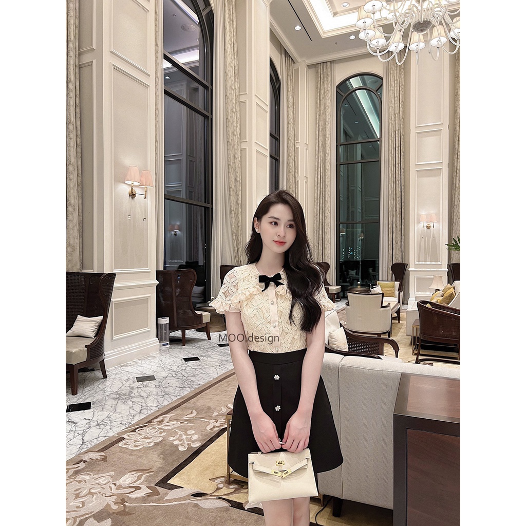 Áo tiểu thư, áo ren sơ mi cánh tiên khuy đá, chất ren thêu, kèm nơ cài,MOO Design - ARMD9