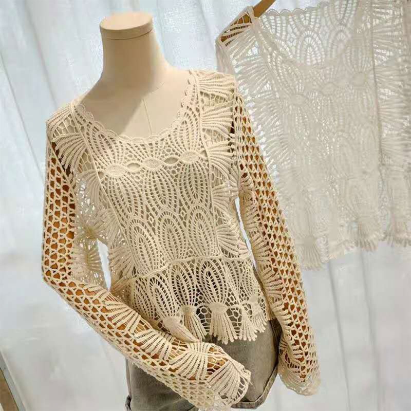 Áo Lưới Cổ Thuyền Tay Dài Dáng Rộng Thêu Hoa Thời Trang Mùa Hè Cho Nữ Ốp