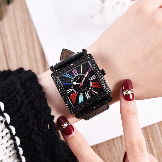 Đồng hồ nữ MobangTuo hàng chính hãng dây da mặt vuông đính đá