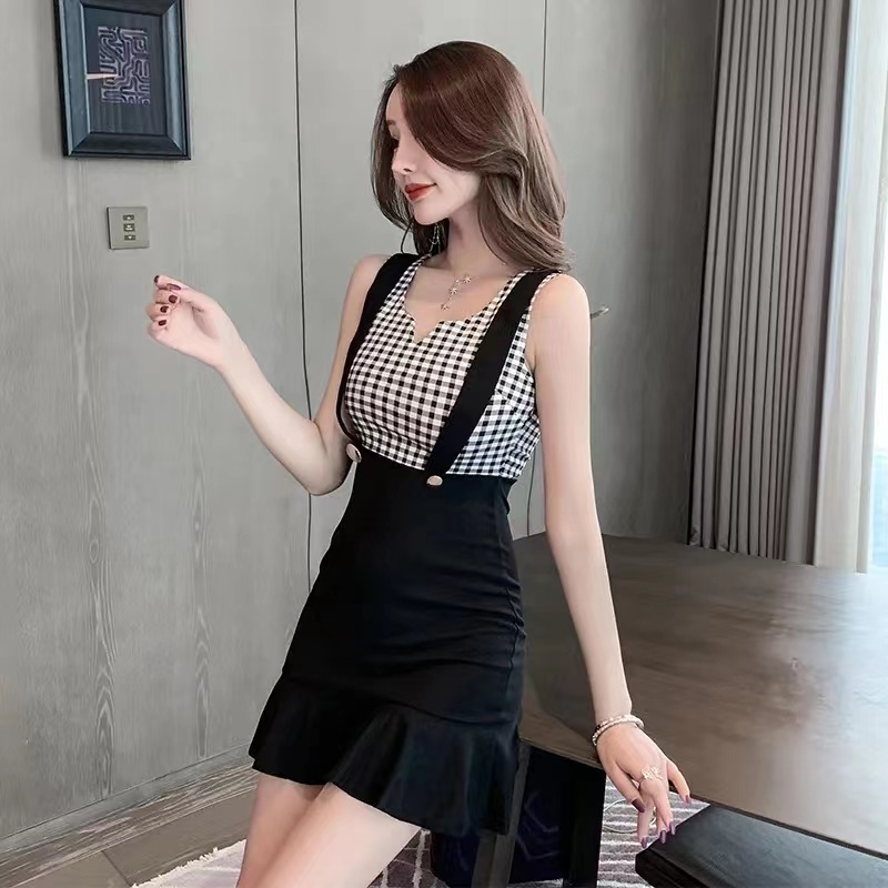 Đầm Nữ Giả Hai Lớp Cổ Chữ V Kẻ Sọc Caro Phong Cách Hàn Quốc Mới
