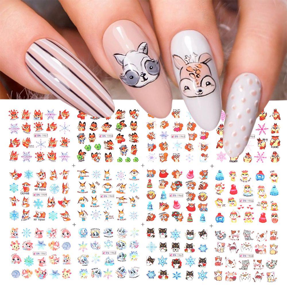 Bộ 12 Hình Dán Móng Tay Hình Động Vật Cáo Chim Cánh Cụt Mùa Đông