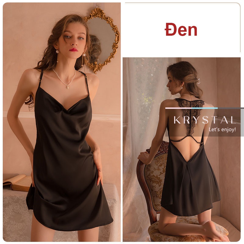 Váy lụa satin lưng dây phối ren KRYSTAL NKS004
