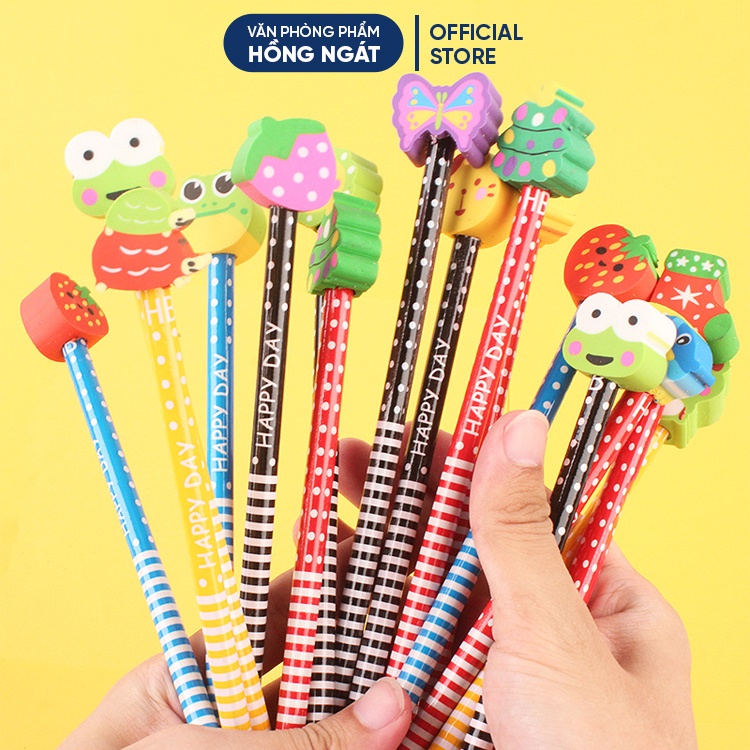 Bút chì gỗ cute đầu tẩy hoạt hình, đồ dùng học tập dễ thương văn phòng phẩm quà tặng học sinh B38