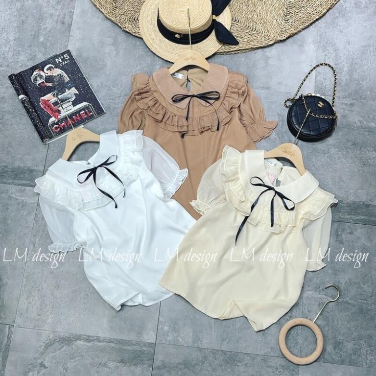 Áo sơ mi tơ cổ sen bèo nhún cộc tay xinhh, Áo sơ mi bánh bèo kèm nơ - MOONMY | BigBuy360 - bigbuy360.vn