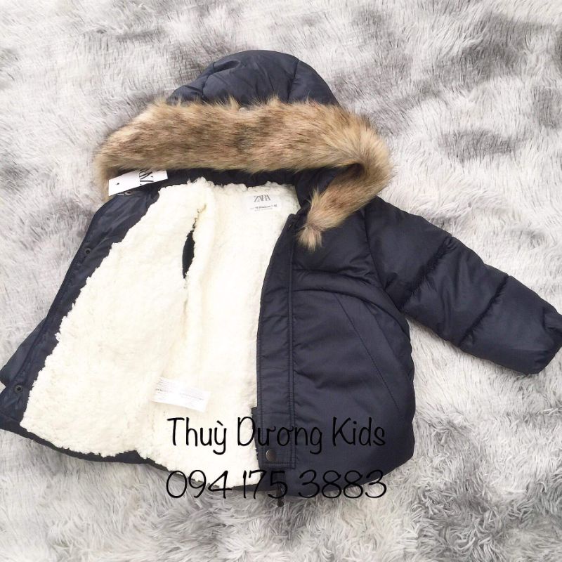 Áo khoác phao Zara lót lông cừu màu xanh than xuất dư cho bé 1,5-6y