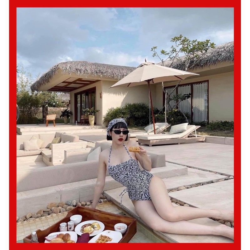 Bikini liền thân rút dây eo basic vằn đen trắng [ẢNH THẬT]