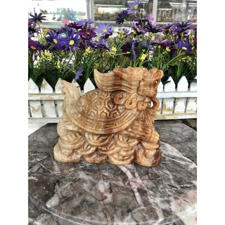 Tượng Long Quy ( Rùa đầu Rồng ) đứng trên thỏi vàng phong thủy đá vân gỗ - Dài 15 cm