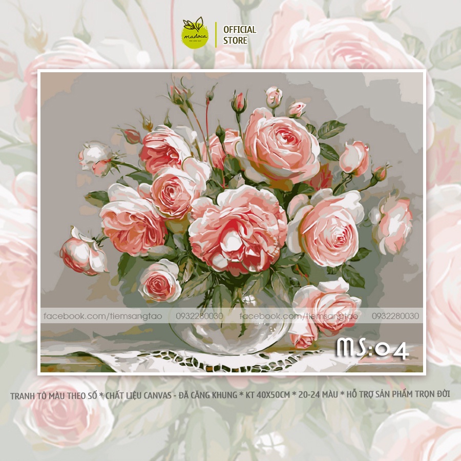 Tranh tô màu số hóa Madoca có khung 40x50cm Hoa hồng T04