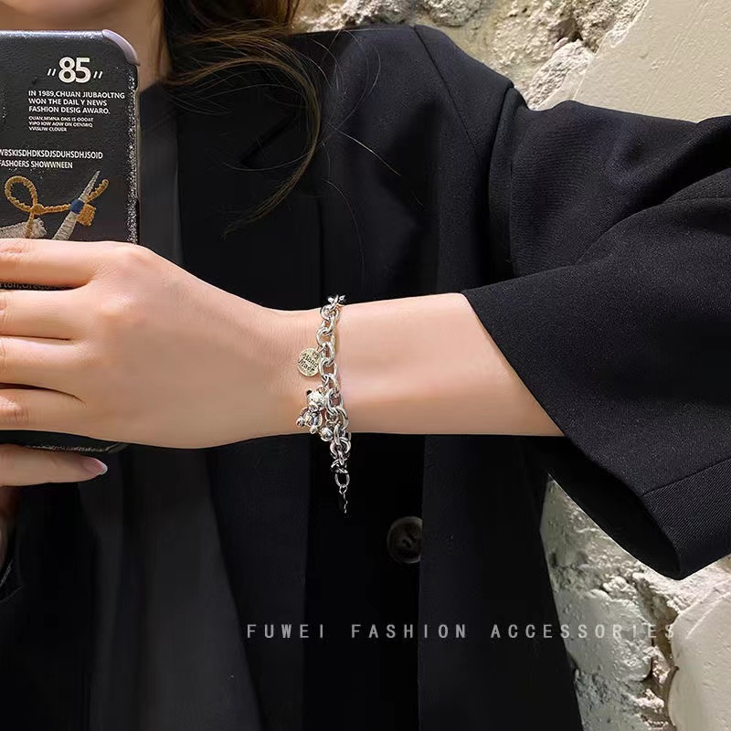 Vòng Tay Thép Titan Không Phai Màu Hình Gấu Tròn Thương Hiệu Thời Trang Ins Cá Tính Cho Học Sinh