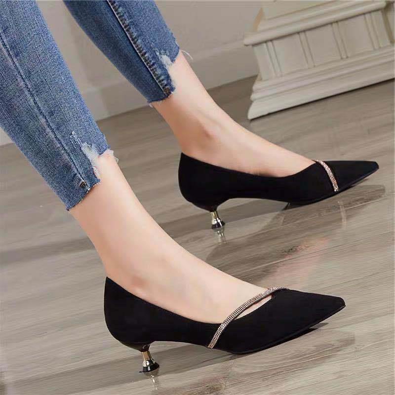 3 Cm Stilettos Fashion Low Heel Pointed Toe Single Shoes Female Stiletto Black French Temperament Small High Heels 3Cm P