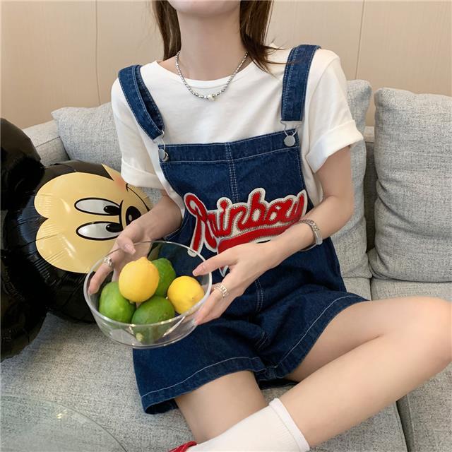 Quần Yếm Denim Ngắn Ống Rộng Dáng Suông Thời Trang Mùa Hè Cho Nữ