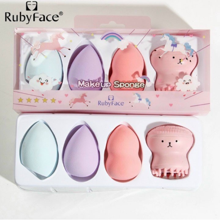 set 4 món gồm 3 bông mút trang điểm kèm bạch tuộc rửa mặt ruby face dễ thương