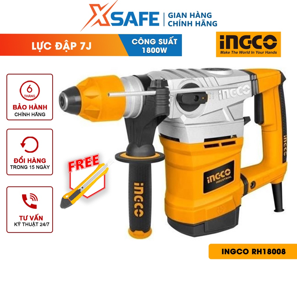Máy khoan búa dùng pin 3 chức năng 1800W INGCO RH18008 - Đầu gài sds, tốc độ: 850rpm, tốc độ đập 4200bpm, lực đập 7J