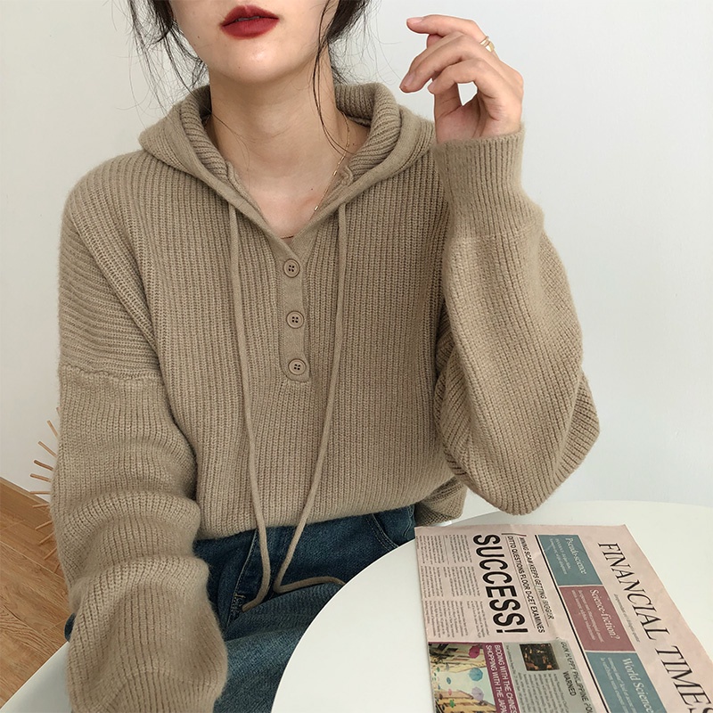 Porozi Áo hoodie dệt kim tay dài dáng rộng phong cách retro hàn quốc cho nữ