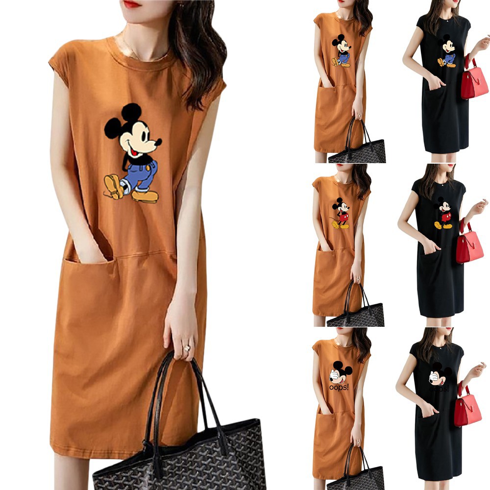 Đầm Midi Sát Nách Hoạ Tiết Chuột Mickey Đáng Yêu