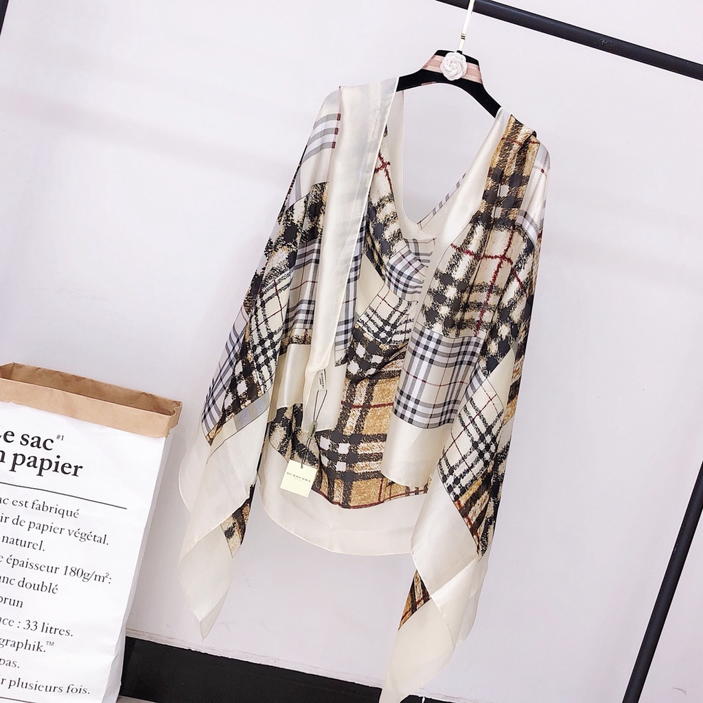 Khăn Choàng Lụa Dáng Dài In Họa Tiết Kẻ Ô Thời Trang Mùa Hè Cho Nữ