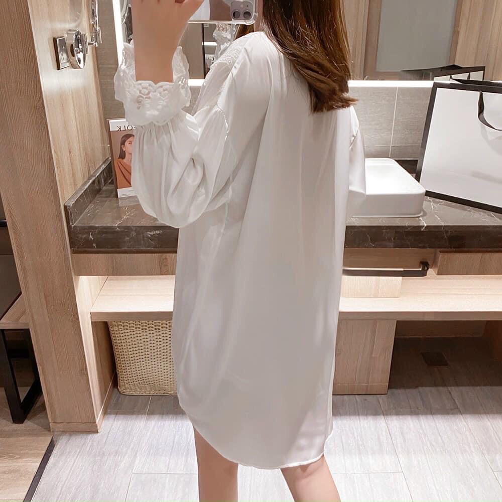 Đầm ngủ sơ mi bigsize váy ngủ lụa phối ren quyến rũ