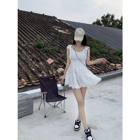 Đầm COZOKC tay ngắn cổ vuông thắt nơ xinh xắn thời trang cho nữ