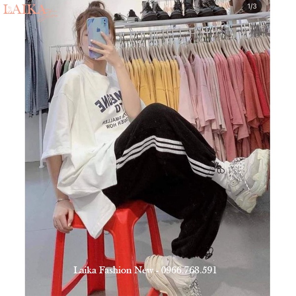 Quần thể thao 3 sọc trắng có dây rút vải dày dáng quần Jogger thể thao ống rộng nữ cạp chun viền kẻ trắng đi học thể dục