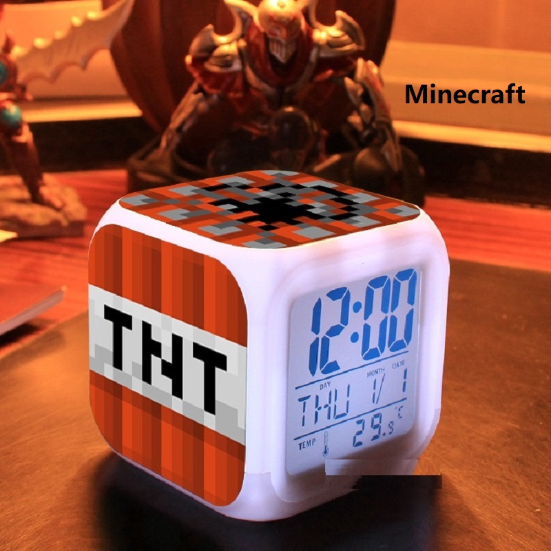 Đồng Hồ Báo Thức Điện Tử Đèn LED 7 Màu Đa Năng Kiểu Hoạt Hình Minecraft Cho Bé