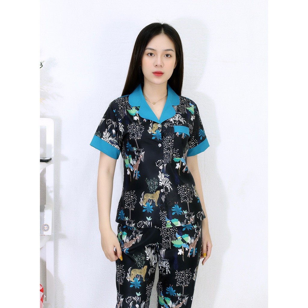 Bộ đồ bộ Pijama NỀN ĐEN NGỰA VẰN tay ngắn quần dài siêu lụa - Thoải Mái Nhẹ Nhàng