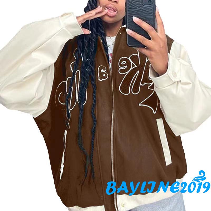 Áo khoác dáng rộng tay dài thêu chữ có khoác kéo và túi cho nữ