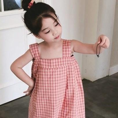 Đầm Yếm Hai Dây Dáng Rộng Họa Tiết Sọc Caro Phong Cách Hàn Quốc Cho Bé Gái 3-4 Tuổi